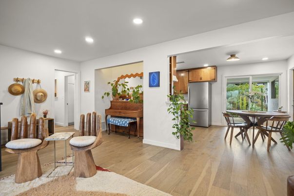 Dining room, Interior, Kitchen, Piano, Recessed Lighting, Stainless Steel Appliances, Wood Texture Flooring