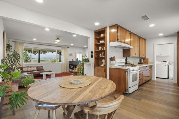 Dining room, Fireplace, Interior, Kitchen, Recessed Lighting, Wood Texture Flooring