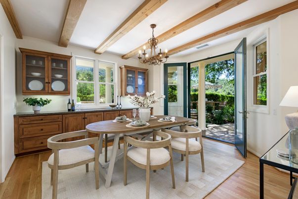 Chandelier, Dining room, Interior, Wooden Beams, Wood Texture Flooring