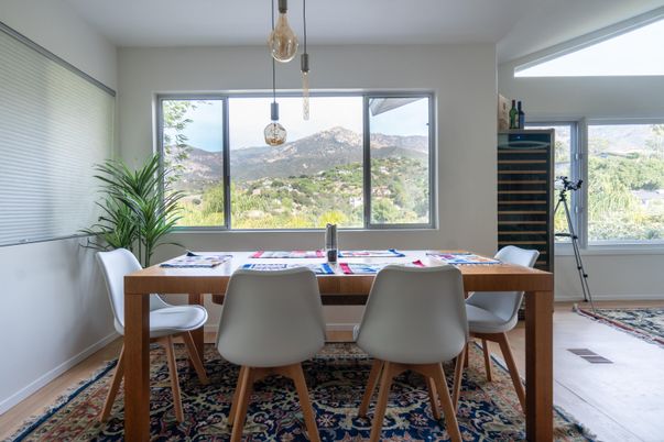 Dining room, Interior, Pendant Lights, Wood Texture Flooring