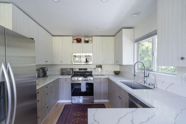 Interior, Kitchen, Recessed Lighting, Stainless Steel Appliances, Wood Texture Flooring