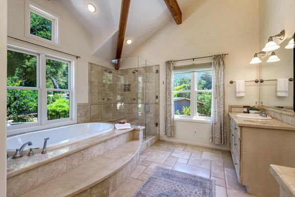 Bathroom, Glass Shower, Interior, Recessed Lighting, Wooden Beams
