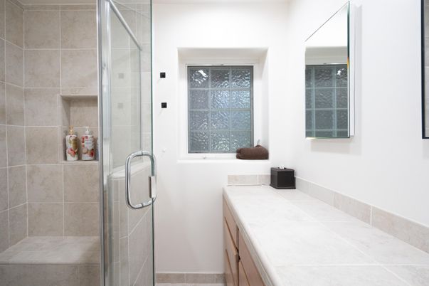 Bathroom, Glass Shower, Interior, Tile Countertops