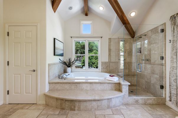 Bathroom, Glass Shower, Interior, Recessed Lighting, Wooden Beams