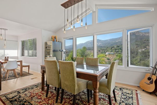 Dining room, Interior, Pendant Lights, Wood Texture Flooring