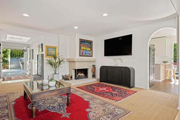 Fireplace, Interior, Living room, Recessed Lighting, Wood Texture Flooring