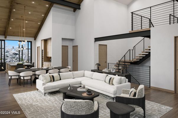 Dining room, Interior, Living room, Pendant Lights, Recessed Lighting, Wooden Beams, Wooden Ceilings, Wood Texture Flooring