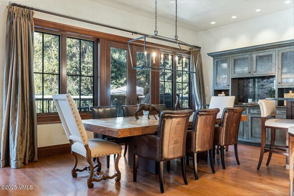 Dining room, Interior, Pendant Lights, Recessed Lighting, Wood Texture Flooring
