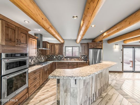Interior, Kitchen, Recessed Lighting, Stainless Steel Appliances, Wooden Beams, Wood Texture Flooring