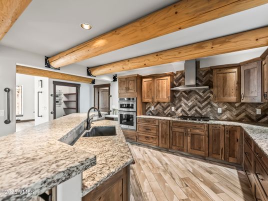 Interior, Kitchen, Recessed Lighting, Stainless Steel Appliances, Wooden Beams, Wood Texture Flooring