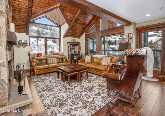 Fireplace, Interior, Living room, Recessed Lighting, Wooden Beams, Wooden Ceilings, Wood Texture Flooring