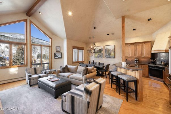 Chandelier, Dining room, Interior, Kitchen, Living room, Recessed Lighting, Wooden Beams, Wood Texture Flooring
