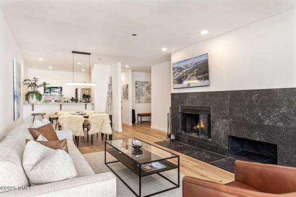 Dining room, Fireplace, Interior, Kitchen, Living room, Pendant Lights, Recessed Lighting, Wood Texture Flooring