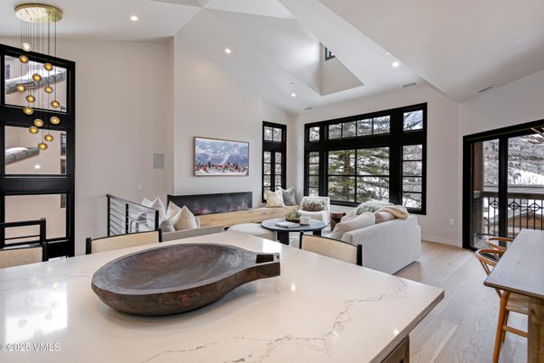 Dining room, Interior, Living room, Pendant Lights, Recessed Lighting, Wood Texture Flooring