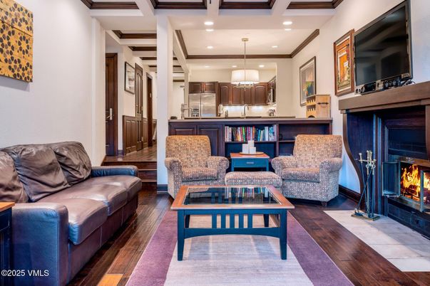 Fireplace, Interior, Kitchen, Living room, Pendant Lights, Recessed Lighting, Wood Texture Flooring