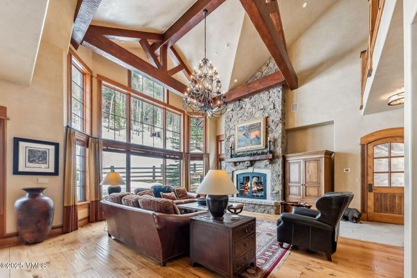 Chandelier, Fireplace, Interior, Living room, Wooden Beams, Wood Texture Flooring