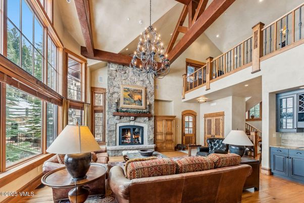 Chandelier, Fireplace, Interior, Living room, Recessed Lighting, Wooden Beams, Wood Texture Flooring