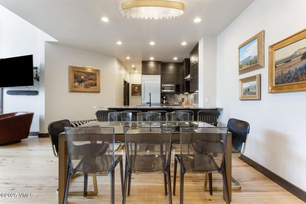 Dining room, Interior, Kitchen, Recessed Lighting, Stainless Steel Appliances, Wood Texture Flooring