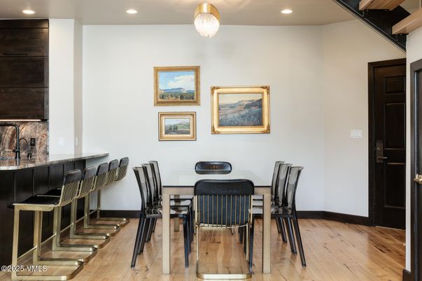 Dining room, Interior, Pendant Lights, Recessed Lighting, Wood Texture Flooring