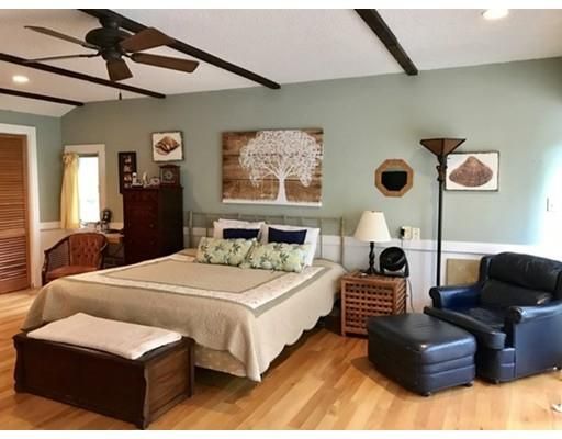 Interior, Bedroom, Wood Texture Flooring, Recessed Lighting, Fireplace, Wooden Beams