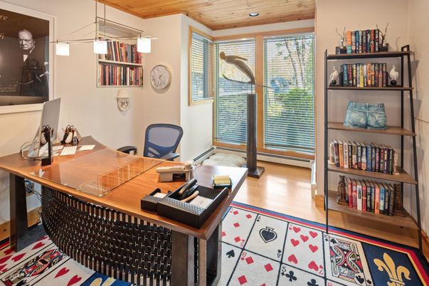 Home Office, Interior, Pendant Lights, Recessed Lighting, Wooden Ceilings, Wood Texture Flooring
