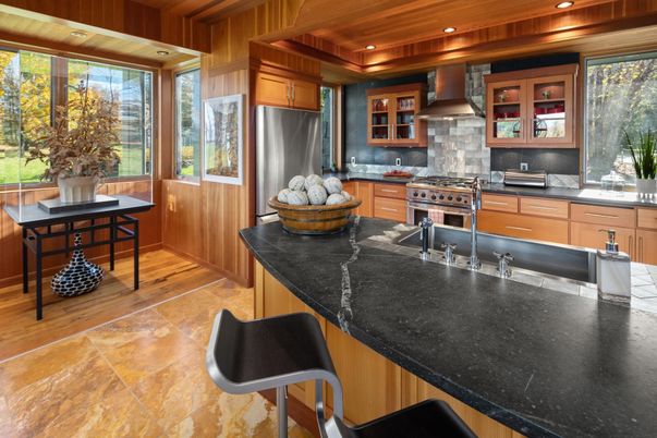 Interior, Kitchen, Recessed Lighting, Stainless Steel Appliances, Wooden Ceilings, Wood Texture Flooring