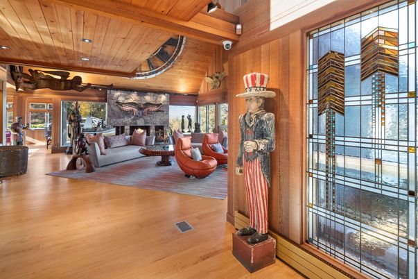 Fireplace, Interior, Living room, Recessed Lighting, Wooden Beams, Wooden Ceilings, Wood Texture Flooring, Wooden Walls