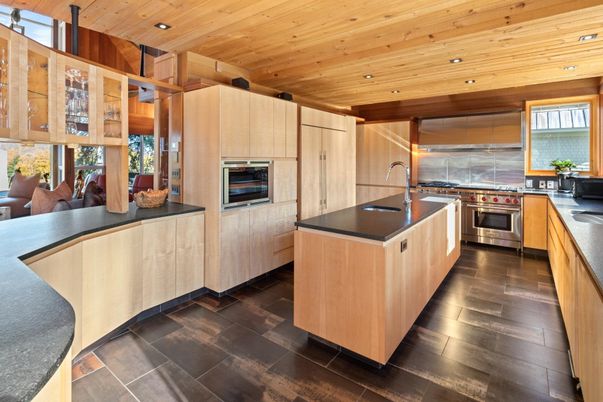 Interior, Kitchen, Recessed Lighting, Stainless Steel Appliances, Wooden Ceilings, Wood Texture Flooring