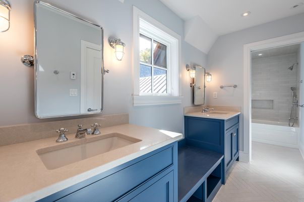 Bathroom, Dual Sink Vanities, Interior, Recessed Lighting, Wood Texture Flooring