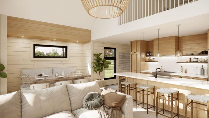 Interior, Kitchen, Living room, Pendant Lights, Recessed Lighting, Wooden Walls