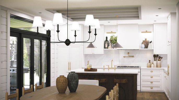 Chandelier, Interior, Kitchen, Pendant Lights, Recessed Lighting, Stainless Steel Appliances, Wood Texture Flooring