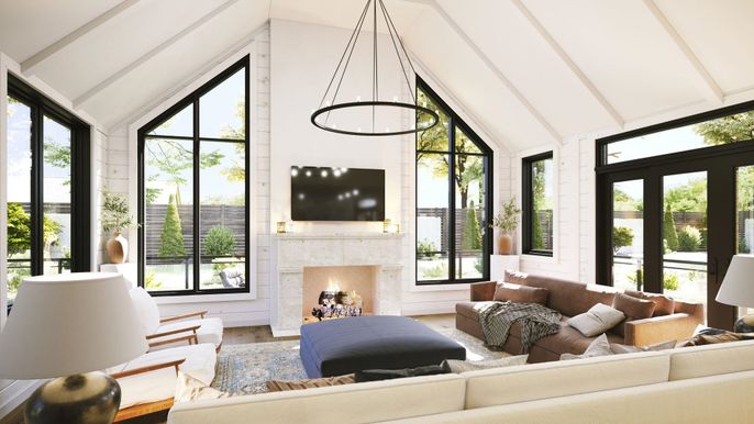 Fireplace, Interior, Living room, Pendant Lights, Wood Texture Flooring