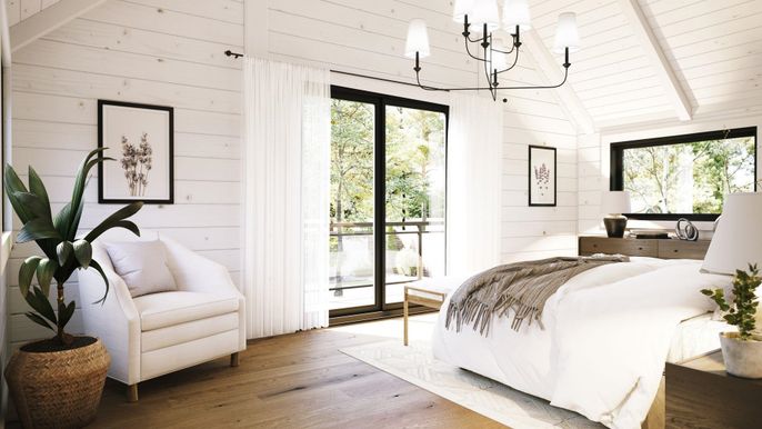Bedroom, Chandelier, Interior, Wood Texture Flooring, Wooden Walls