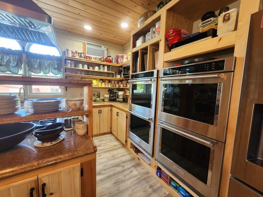 Interior, Kitchen, Recessed Lighting, Stainless Steel Appliances, Wooden Ceilings, Wood Texture Flooring