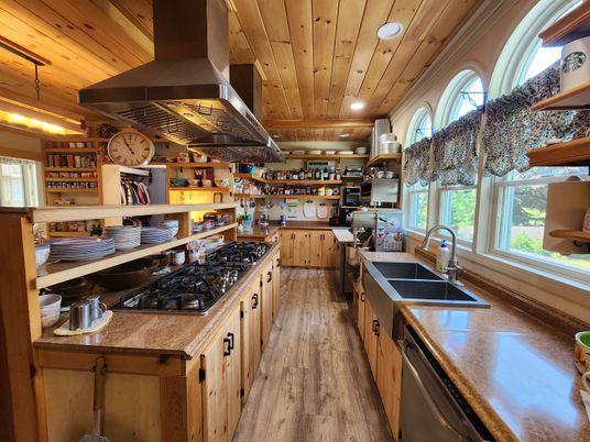Interior, Kitchen, Recessed Lighting, Stainless Steel Appliances, Wooden Ceilings, Wood Texture Flooring