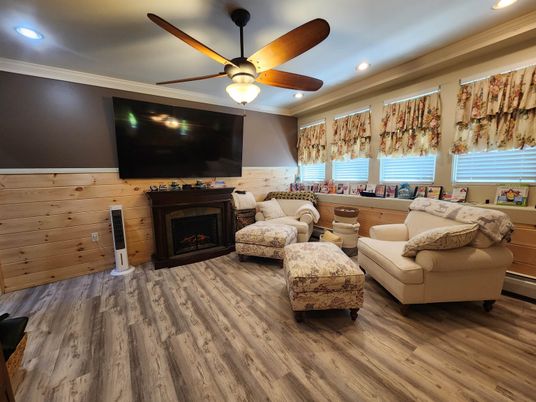 Fireplace, Interior, Living room, Recessed Lighting, Wood Texture Flooring, Wooden Walls