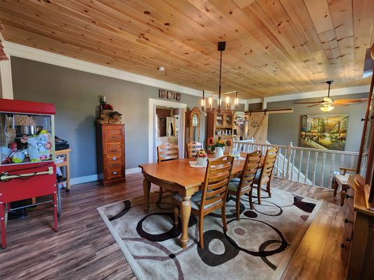Dining room, Interior, Pendant Lights, Wooden Ceilings, Wood Texture Flooring