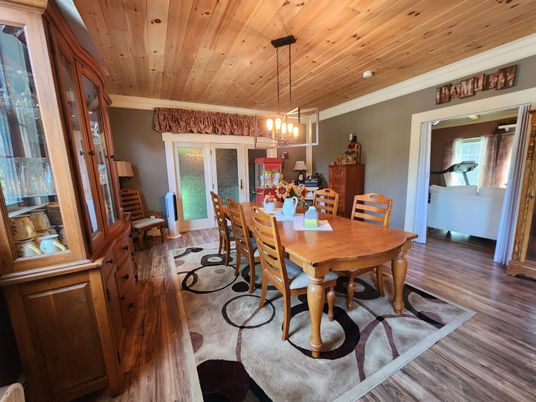 Dining room, Interior, Pendant Lights, Wooden Ceilings, Wood Texture Flooring