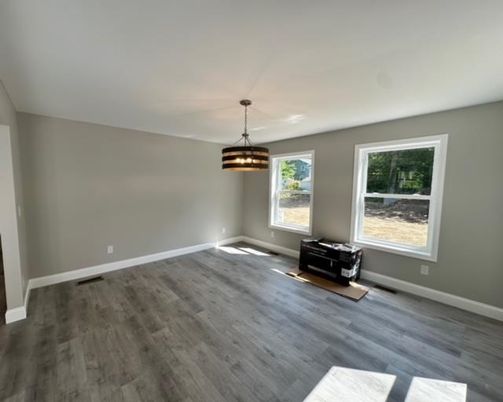 Empty room, Interior, Pendant Lights, Wood Texture Flooring