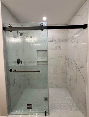 Bathroom, Glass Shower, Interior, Marble Walls, Recessed Lighting