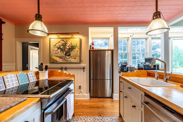 Interior, Kitchen, Pendant Lights, Stainless Steel Appliances, Wood Texture Flooring