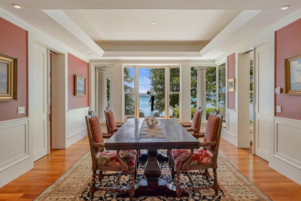 Dining room, Interior, Recessed Lighting, Water, Wood Texture Flooring