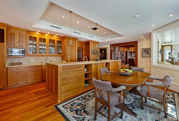Dining room, Interior, Kitchen, Pendant Lights, Recessed Lighting, Wood Texture Flooring