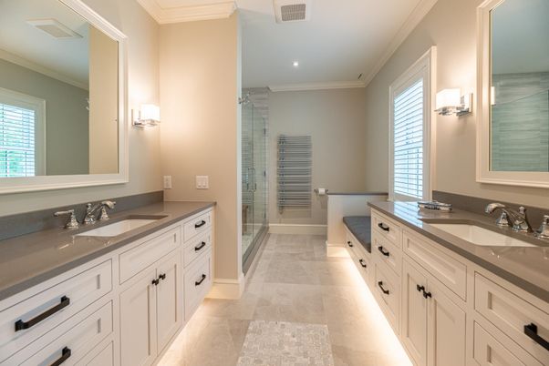 Bathroom, Dual Sink Vanities, Glass Shower, Interior, Recessed Lighting