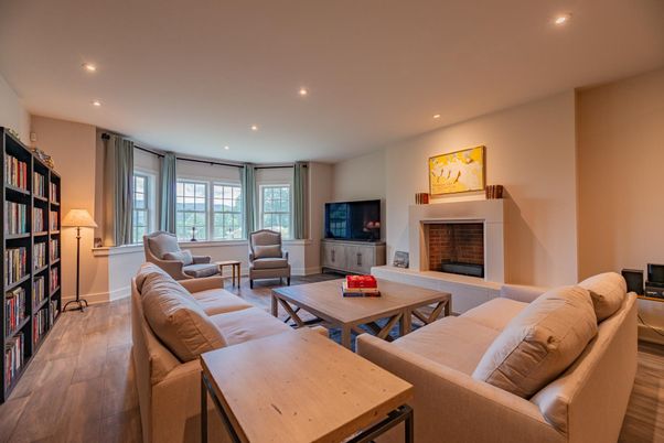 Fireplace, Interior, Living room, Recessed Lighting, Wood Texture Flooring