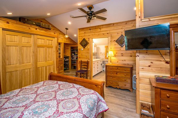 Bedroom, Interior, Recessed Lighting, Wood Texture Flooring, Wooden Walls