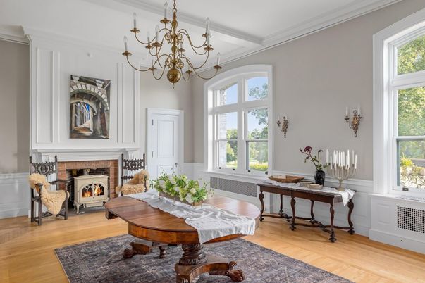 Chandelier, Fireplace, Interior, Wood Texture Flooring