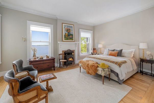 Bedroom, Fireplace, Interior, Water, Wood Texture Flooring