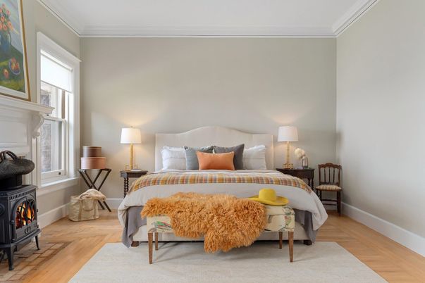 Bedroom, Fireplace, Interior, Wood Texture Flooring