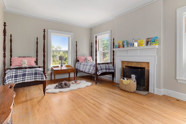 Bedroom, Fireplace, Interior, Wood Texture Flooring